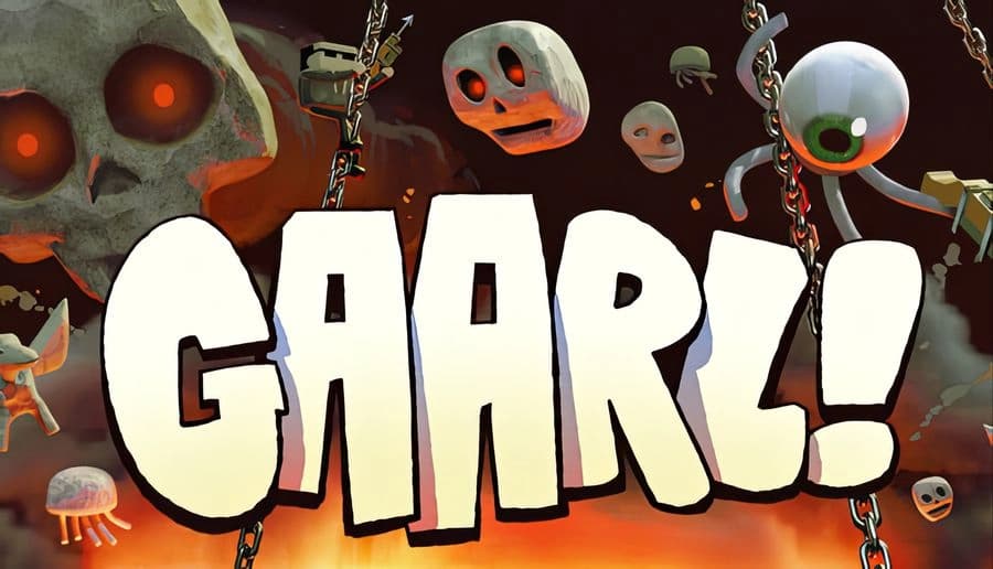 GAARL!: Giant white title over floating skulls, eyeballs, and chains against a dark red smoky background.