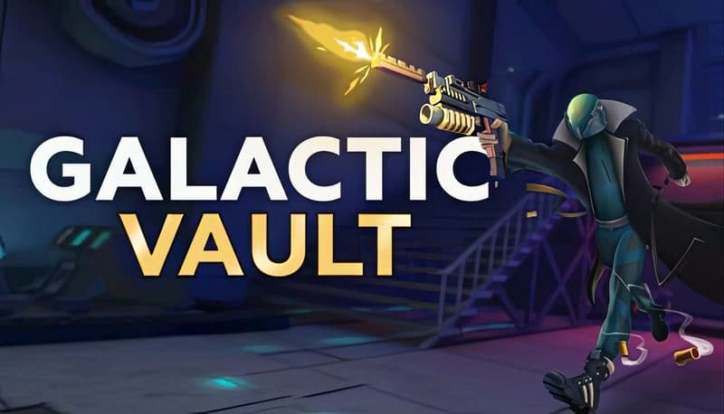 Galactic Vault: Masked figure sprinting in futuristic vault, wielding glowing rifle, dark setting with neon accents.