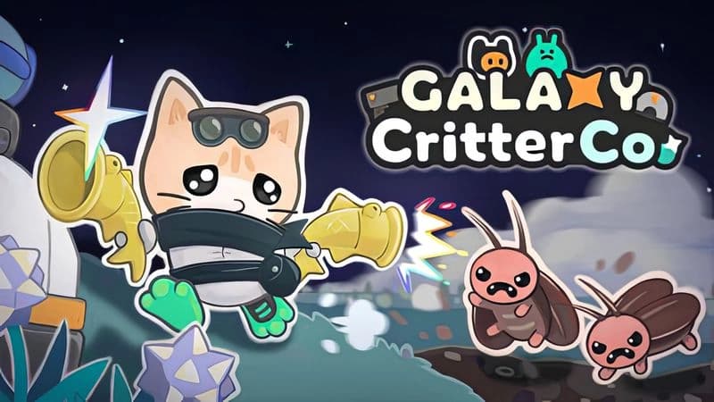 Galaxy Critter Co.: Cat with goggles dual-wields blasters, chasing bug creatures on alien terrain under starry sky.