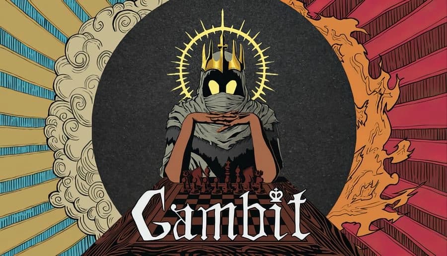 Gambit: horned robot king over a chessboard corridor, flanked by swirling smoke, gears, and orange flames backdrop.