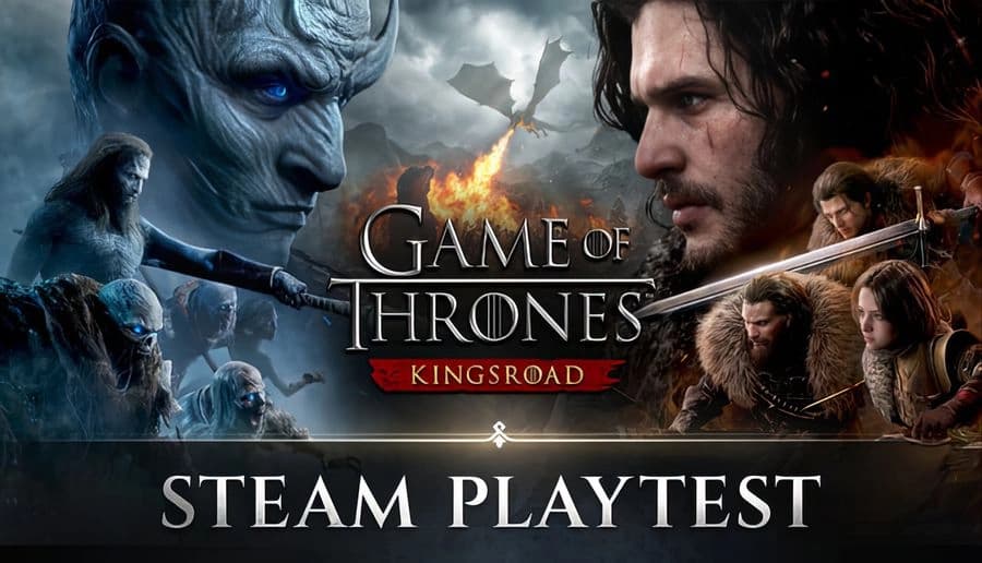 Game of Thrones Kingsroad: White Walker faces bearded man with sword amid snowy ruins and burning battlefield backdrop.