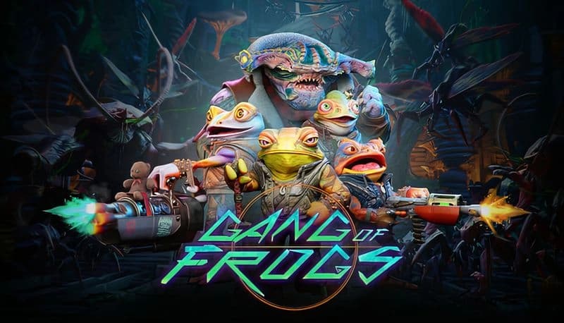Gang of Frogs: Colorful frogs in battle gear with weapons, standing in forested area surrounded by giant insects.