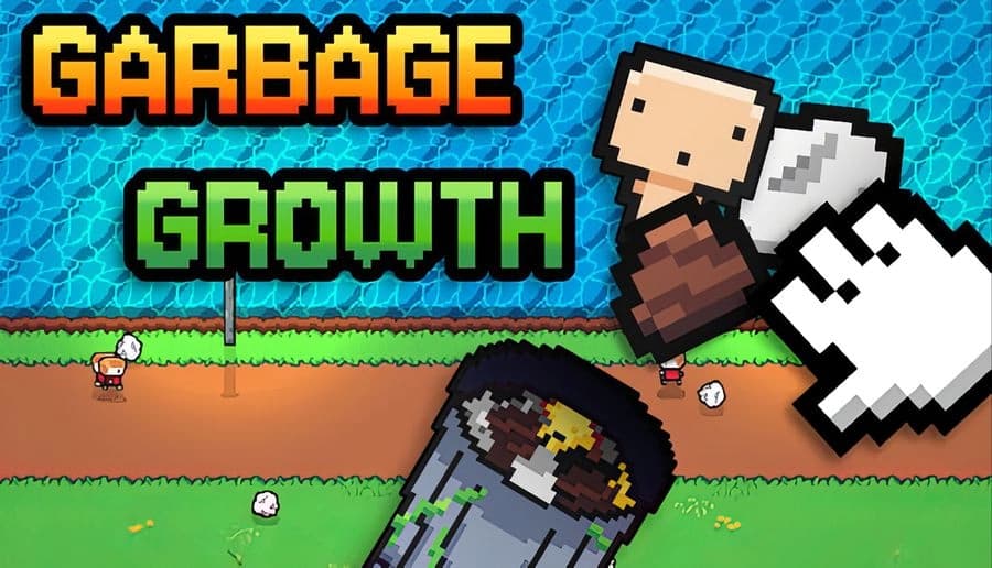 Garbage Growth: pixel man tosses trash bag into smoking barrel beside dirt path, with giant cursor on blue sky backdrop.