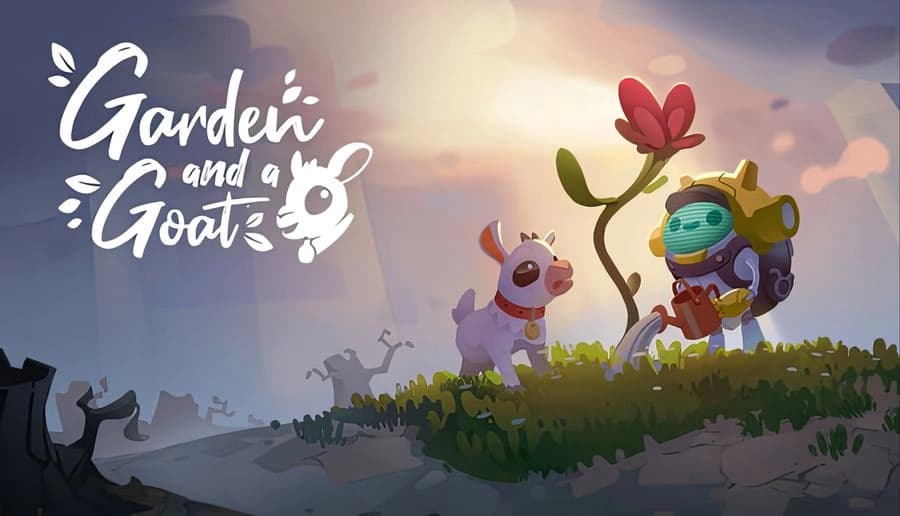 Garden and a Goat: small white goat stands by a helmeted robot holding a red flower on grassy hill at dusk.