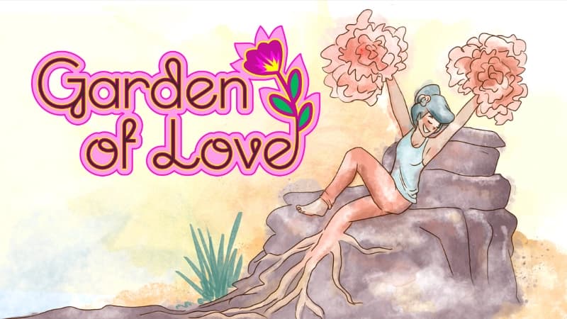 Young girl with blue hair, smiling on a rock; hands transform into flowers, leg becomes roots.