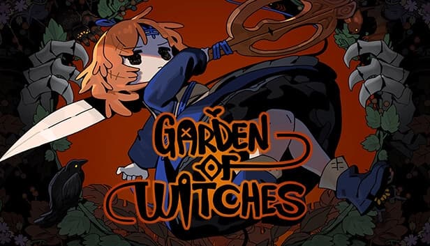 Young girl witch with orange hair in a blue robe wields large scissors amid dark foliage, crows, and skeletal hands.