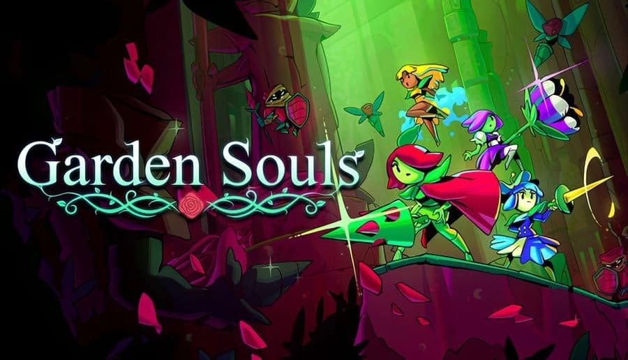 Garden Souls: red-hooded princess swings green sword at flying bugs beside three allies in a dark thorny forest.