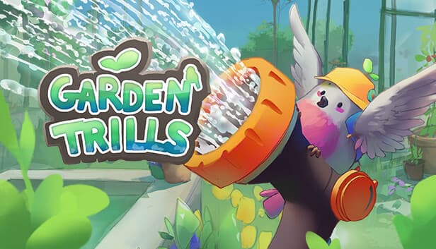 Garden Trills: Sparrow in yellow hat joyfully waters plants with hose in vibrant garden setting, surrounded by lush greenery.