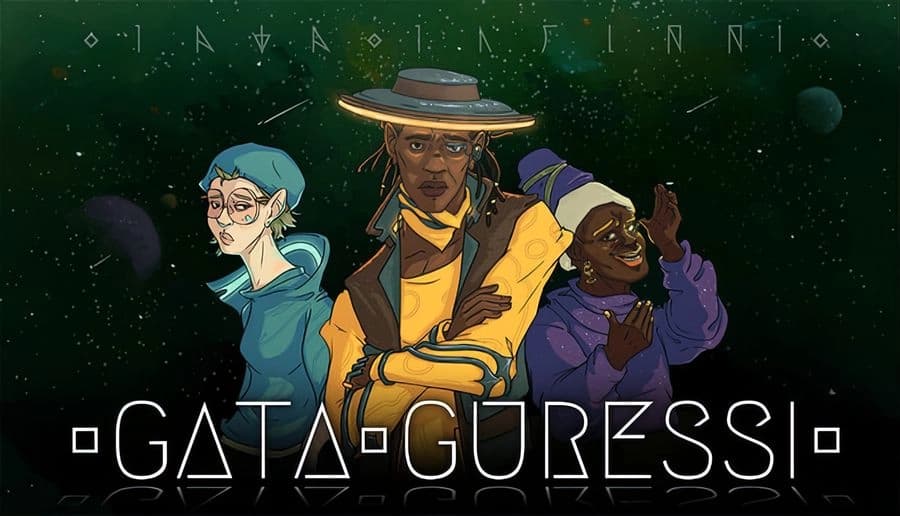 Gata Guressi: Three alien figures in hats and robes, smiling and posing against a starry space background.