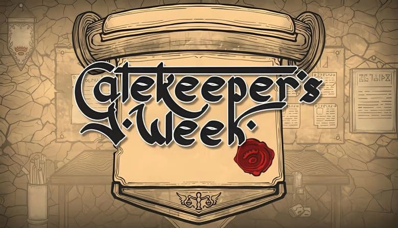 Gatekeeper's Week: Scroll with ornate text and red seal on stone wall, surrounded by medieval documents and symbols.