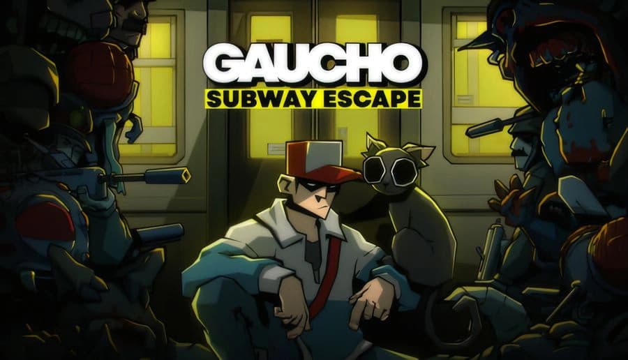 Gaucho: Man in hat sits beside a kitten, aiming pistols in a dim subway car with shadowy monsters around.