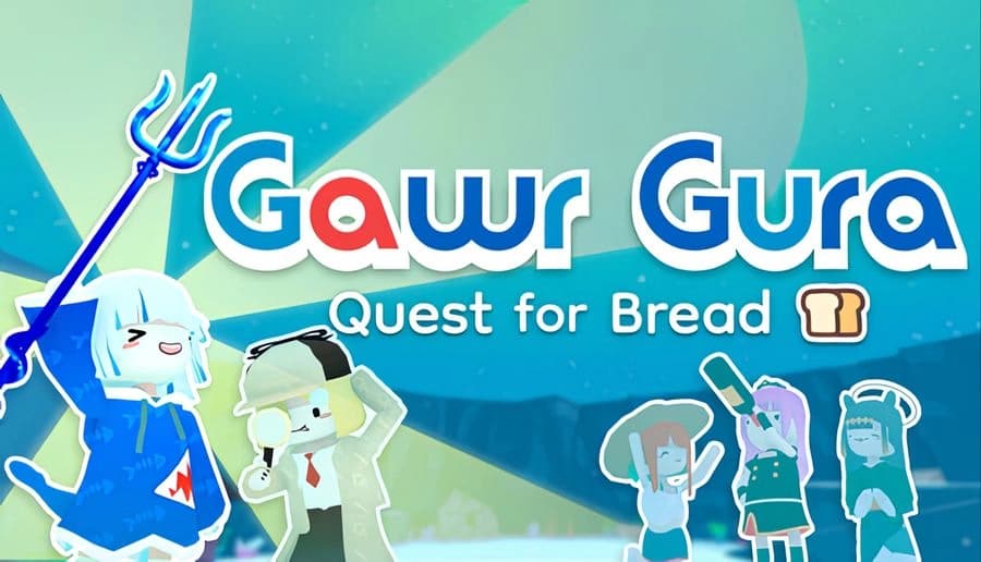 Gawr Gura: chibi shark girl in blue hoodie holds a trident, with four pastel chibi girls on teal backdrop.