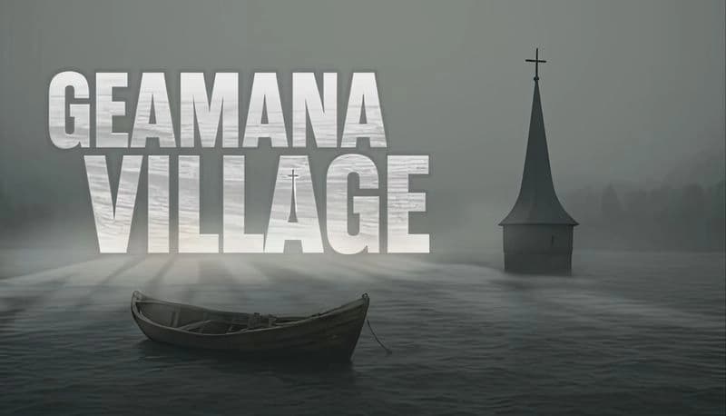 Geamana Village: A lone wooden boat floats on misty water beside a submerged church steeple under a gray, overcast sky.