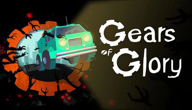 Gears of Glory: Green truck bursts through gear-shaped portal, surrounded by dark silhouettes in a futuristic setting.