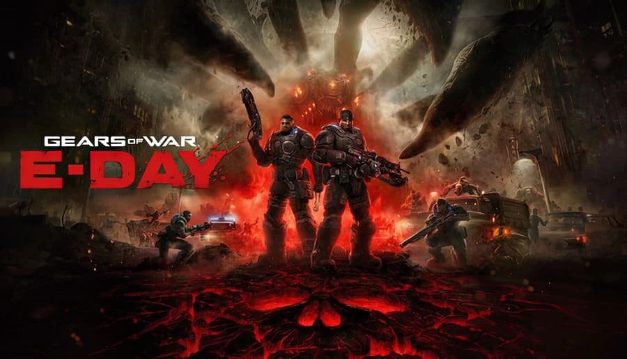 Gears of War: two armored soldiers with rifles stand amid explosions and smoke on a war-torn battlefield at dusk.
