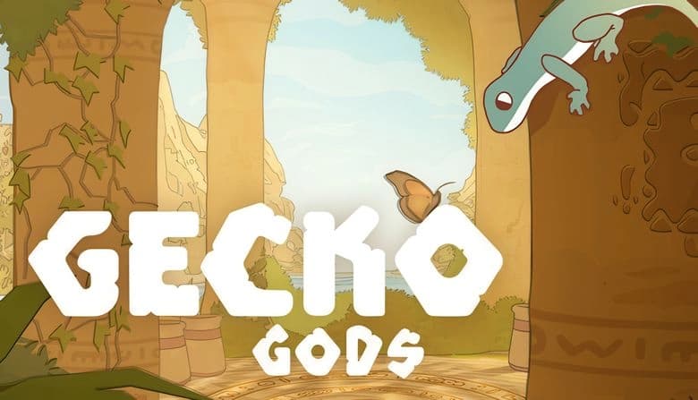 A teal gecko climbs a pillar surrounded by ancient ruins and lush foliage. A butterfly flutters nearby under a clear sky.