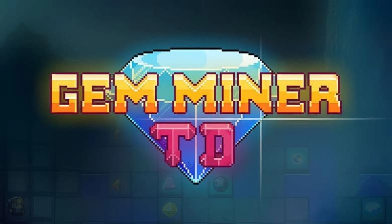 Gem Miner TD: Pixelated gem-shaped backdrop with vibrant 3D title text, glowing in yellow and red against a dark grid.