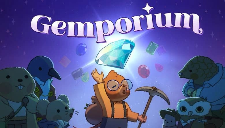 A young mole boy with glasses raises a pickaxe beneath a large blue diamond, surrounded by animals in outfits. Gems float.