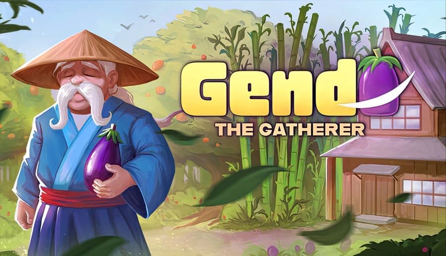 Gendo The Gatherer: old man in straw hat holding purple eggplant beside farmhouse, bamboo, and fields outdoors.