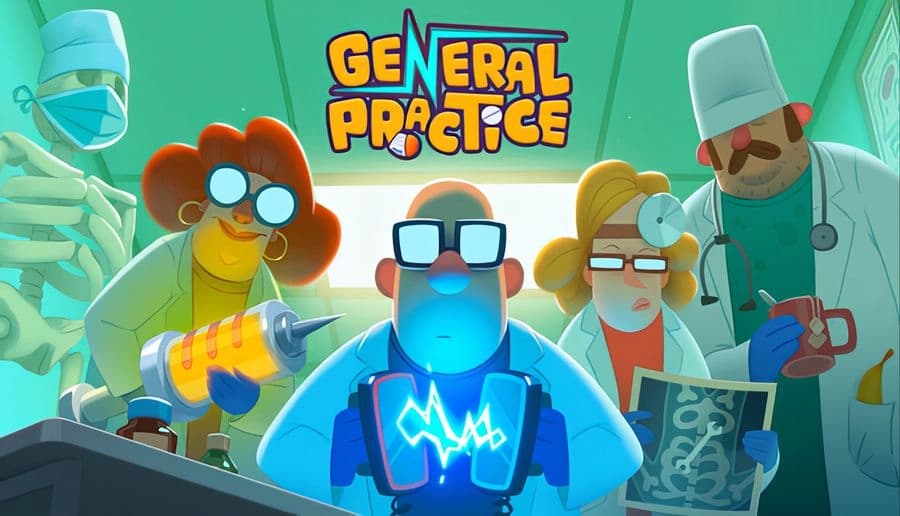 General Practice: three doctors in lab coats examine a glowing blue patient on a table in bright clinic room.