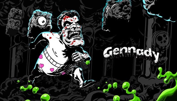 A grumpy, bloodied man in heart-print boxers runs through a surreal landscape of green slime and floating-eyed cubes.