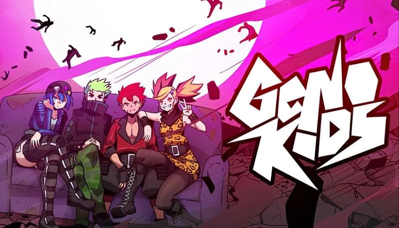 Genokids: Four band members relax on a couch under a vibrant pink sky with flying debris and people flying in the background.