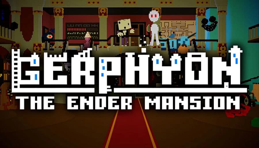 GERPHYON: Blocky cartoon monsters crowd a mansion foyer near stairs and furniture, with blood on the floor.