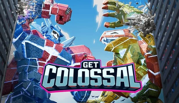 Get Colossal: Two colossal mechs clash amidst skyscrapers, one blue with red accents, the other green with orange highlights.