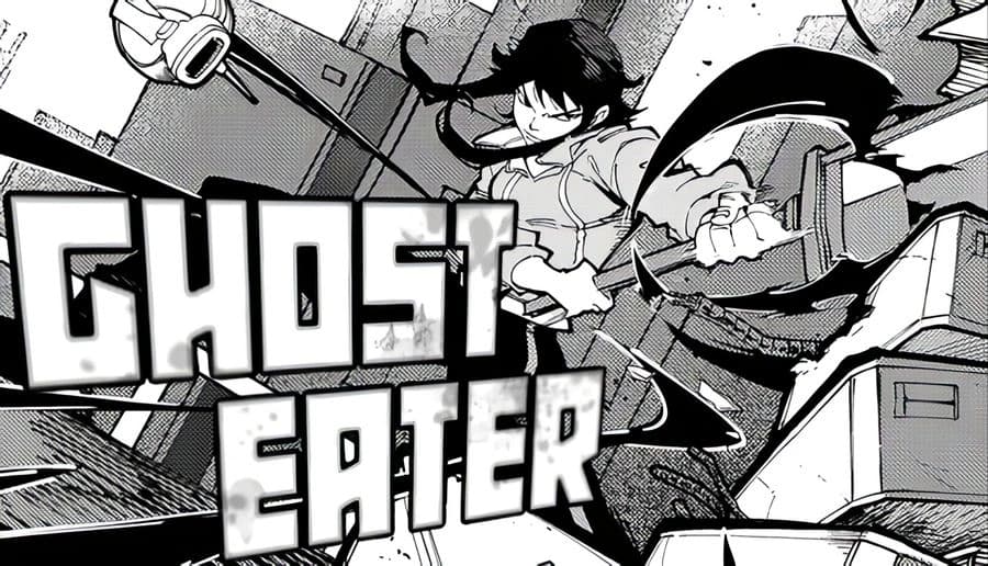 GHOST EATER: Young man in coat swings a weapon in manga-style city alley, slashing through jagged debris shards.