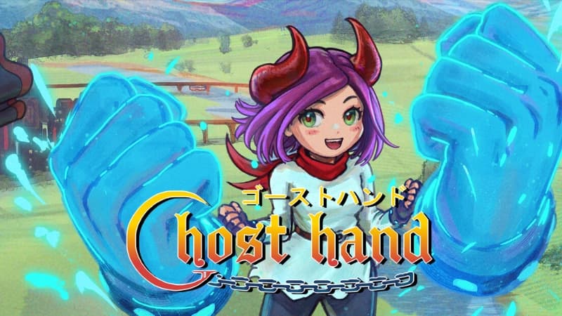 Young girl with purple hair, red horns, red scarf smiles in grassy field with two large blue spirit fists.