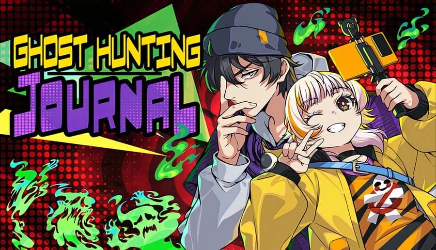Ghost Hunting Journal: young man in cap and young girl smile and pose, holding camera gear on red halftone backdrop.