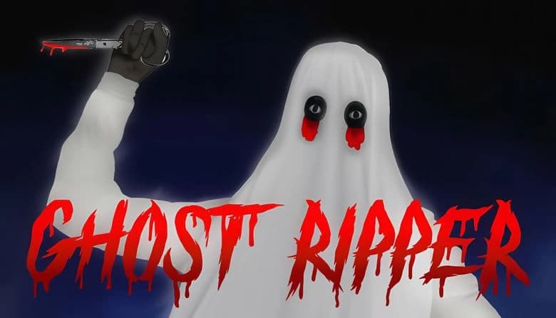 Ghost Ripper: Ghostly figure in white sheet with bleeding eyes holds bloody knife against dark blue gradient backdrop.