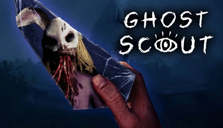Ghost Scout: bloodied skull mask on a rag doll held between two fingers against a dark blue foggy backdrop.