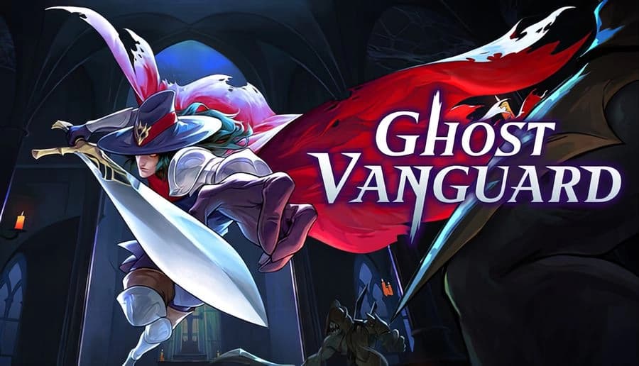 Ghost Vanguard: armored swordsman lunges with glowing blade, red cape flowing through shadowy cathedral hall.