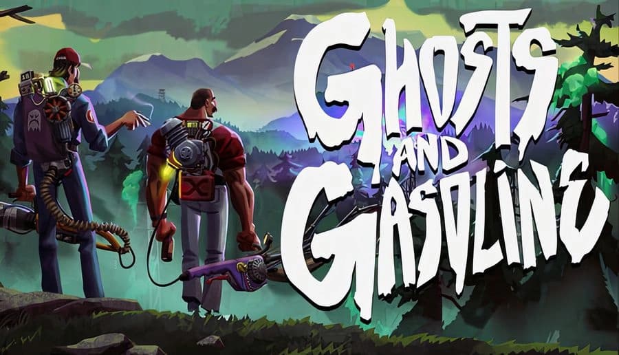 Ghosts & Gasoline: Two men with backpacks and weapons face ghostly green lights in a misty forest at dusk.