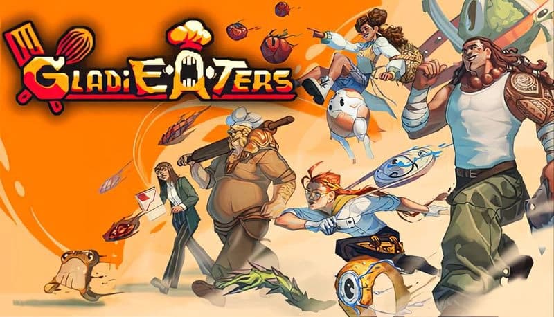 GladiEATers: Diverse fighters, including old man, young man, and woman, leap forward in a food-themed battleground.