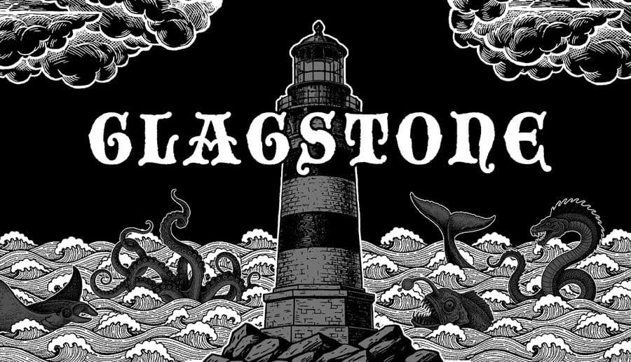 GlagStone: Tall lighthouse on rocky island, surrounded by rough sea as tentacles and sea serpent rise nearby.