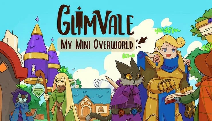 A whimsical village scene featuring varied characters, including a cat person in a purple cloak, and a knight in gold armor.