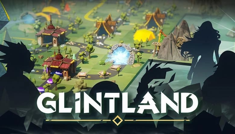 Glintland: Silhouetted figures overlook village with ornate portal, surrounded by scattered trees and rustic buildings.