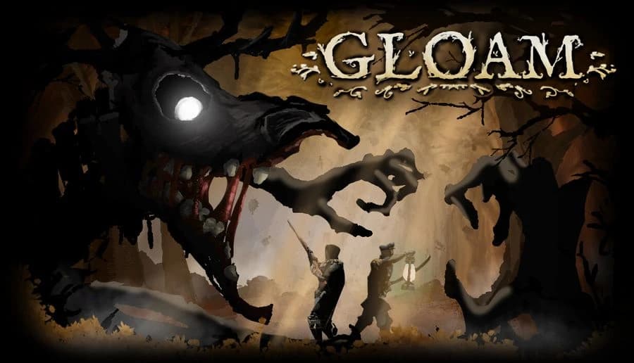Gloam: Two men aim guns at a huge horned monster lunging from shadows in a smoky forest clearing at dusk.