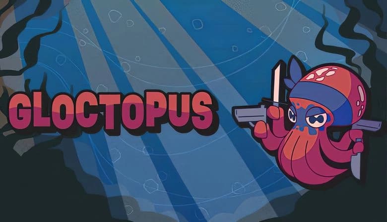 Gloctopus: Red gun-wielding octopus with blue bandana aims weapons, set against a deep-sea backdrop with swirling currents.