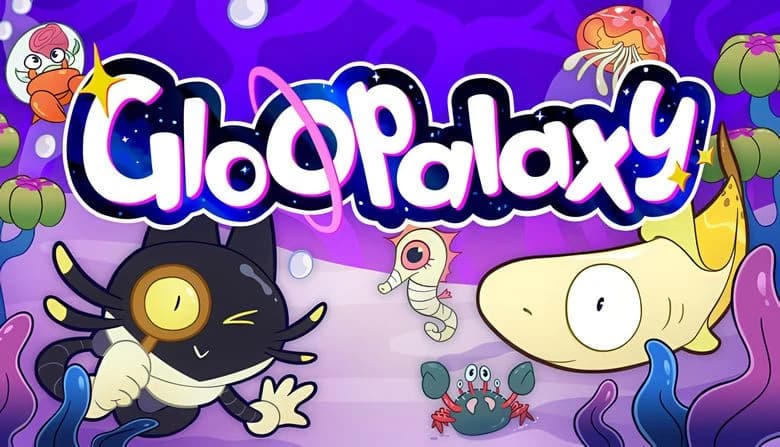 GLOOPALAXY: Cat with magnifying glass examines seahorse, banana fish, crab, jellyfish in vibrant underwater setting.