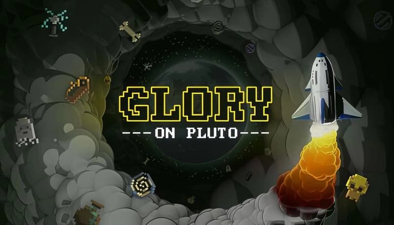 Glory On Pluto: Spaceship spiraling with smoke trail around planet, surrounded by pixelated objects in dark cosmic setting.