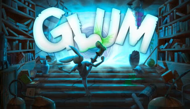 GLUM: Rabbit-like creature kicks on steps with blue vortex behind, surrounded by books, lanterns, and scattered objects.