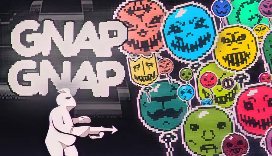 GNAP GNAP: Pixel-art title beside a cluster of colorful skull-faced balloons on a dark purple background.