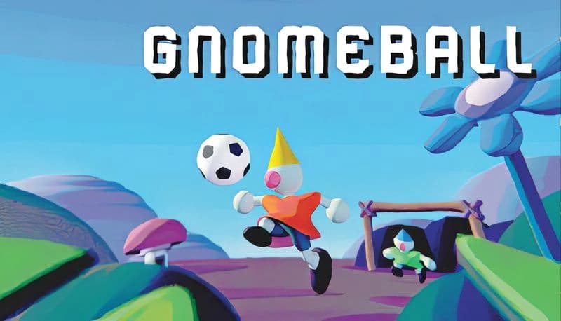 Gnomeball: Gnome in yellow hat kicks soccer ball in colorful garden with mushrooms and oversized flowers in background.
