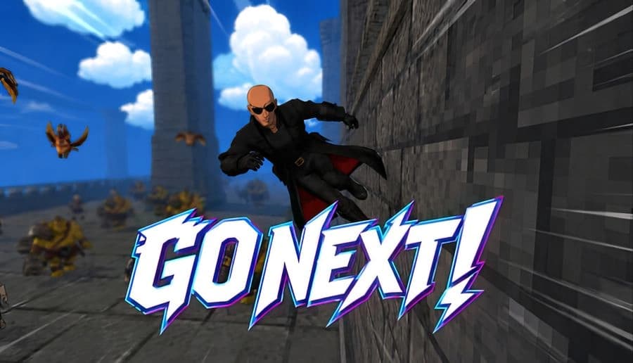 Go Next!: Bald man in black coat wall-running past flying bats and monsters between tall stone towers under clouds.