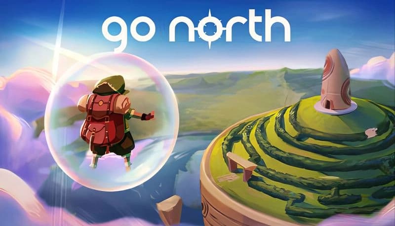 Go North: Young explorer in bubble floats near spiral maze tower, overlooking vast, colorful landscape under bright sky.