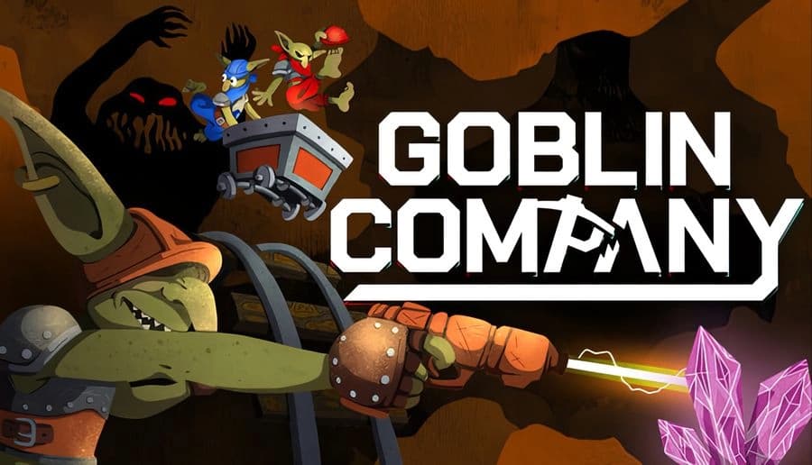 Goblin Company: Goblin miner with drill and goblin duo in minecart, fleeing shadowy creature, glowing crystals nearby.