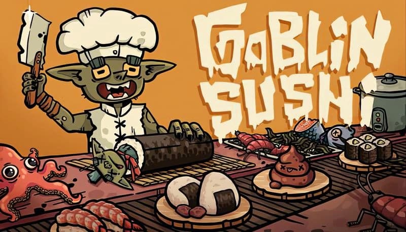 Goblin Sushi: Goblin chef joyfully prepares sushi rolls in a vibrant kitchen with various seafood ingredients on display.